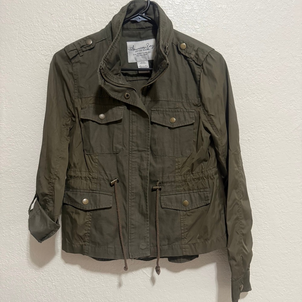 American Rag Ciel Olive Green Utility Jacket‎ Drawstring Hood Size S